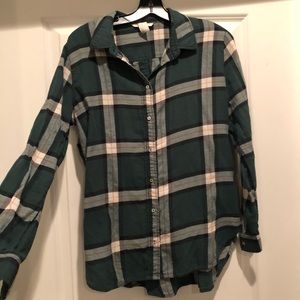 Green white orange plaid shirt